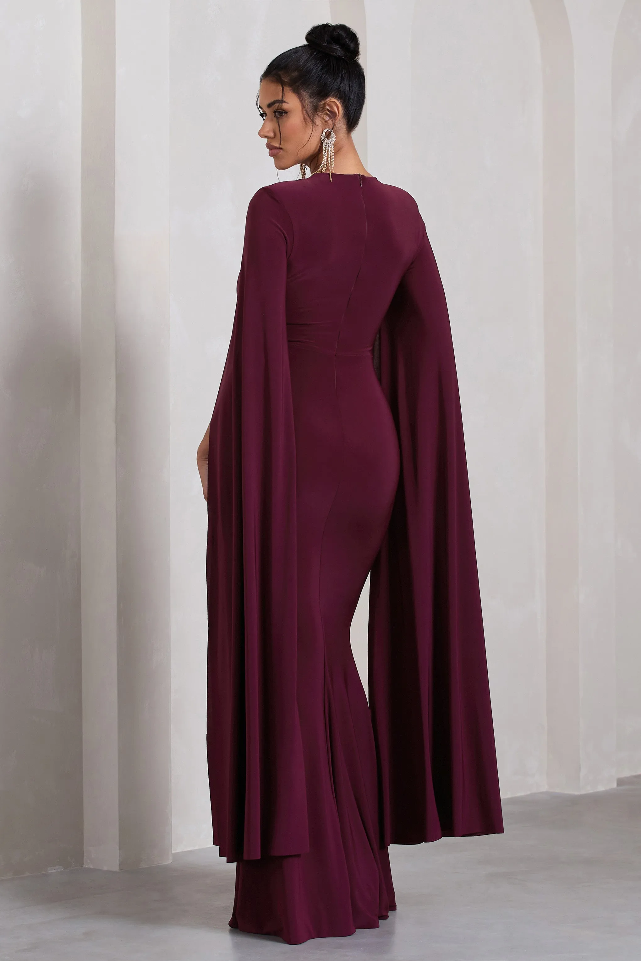 Kimmy | Burgundy High Neck Maxi Dress With Cape Sleeves