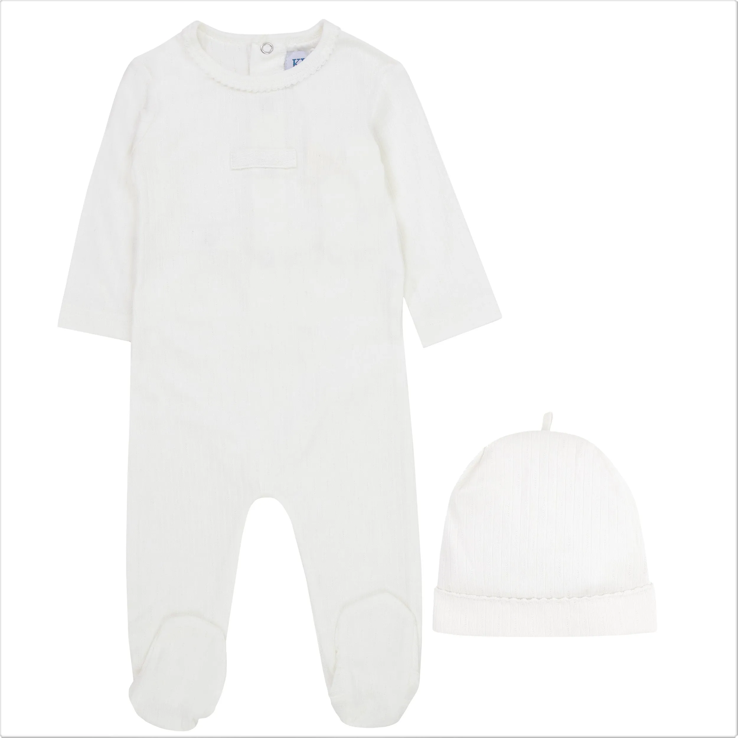 Kipp Baby White Twill Tape Stretchie and Beanie