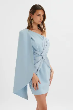 LAILA Twist Front One Shoulder Cape Mini Dress In Blue