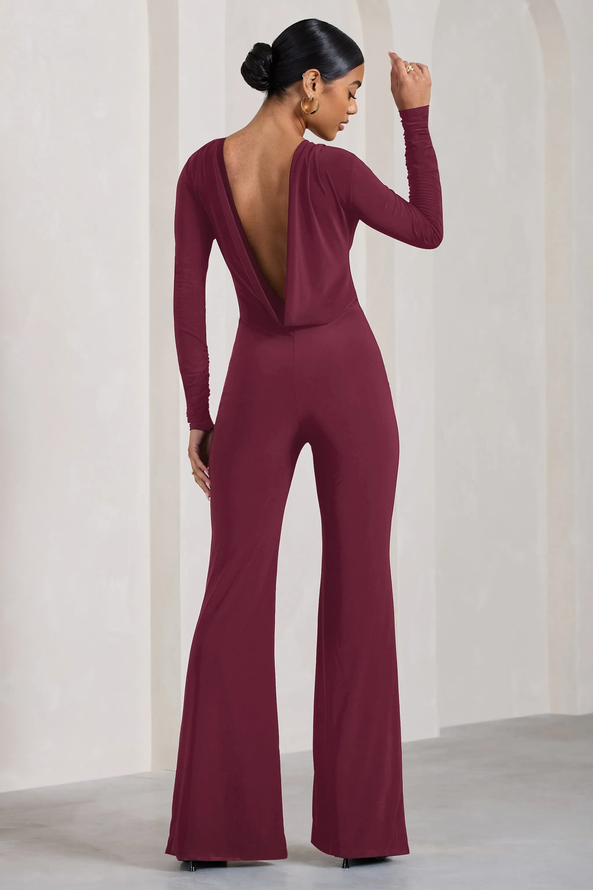 Lana | Burgundy Long-Sleeved Flared-Leg Jumpsuit