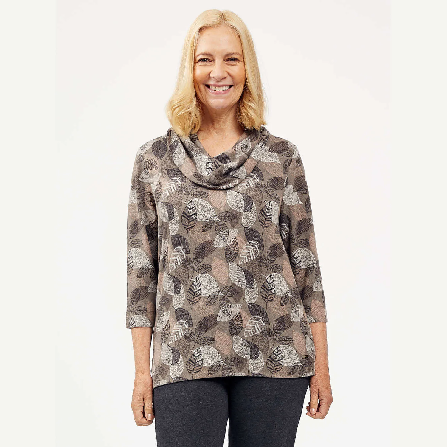 Leaf Print Cowl Neck Top- Taupe