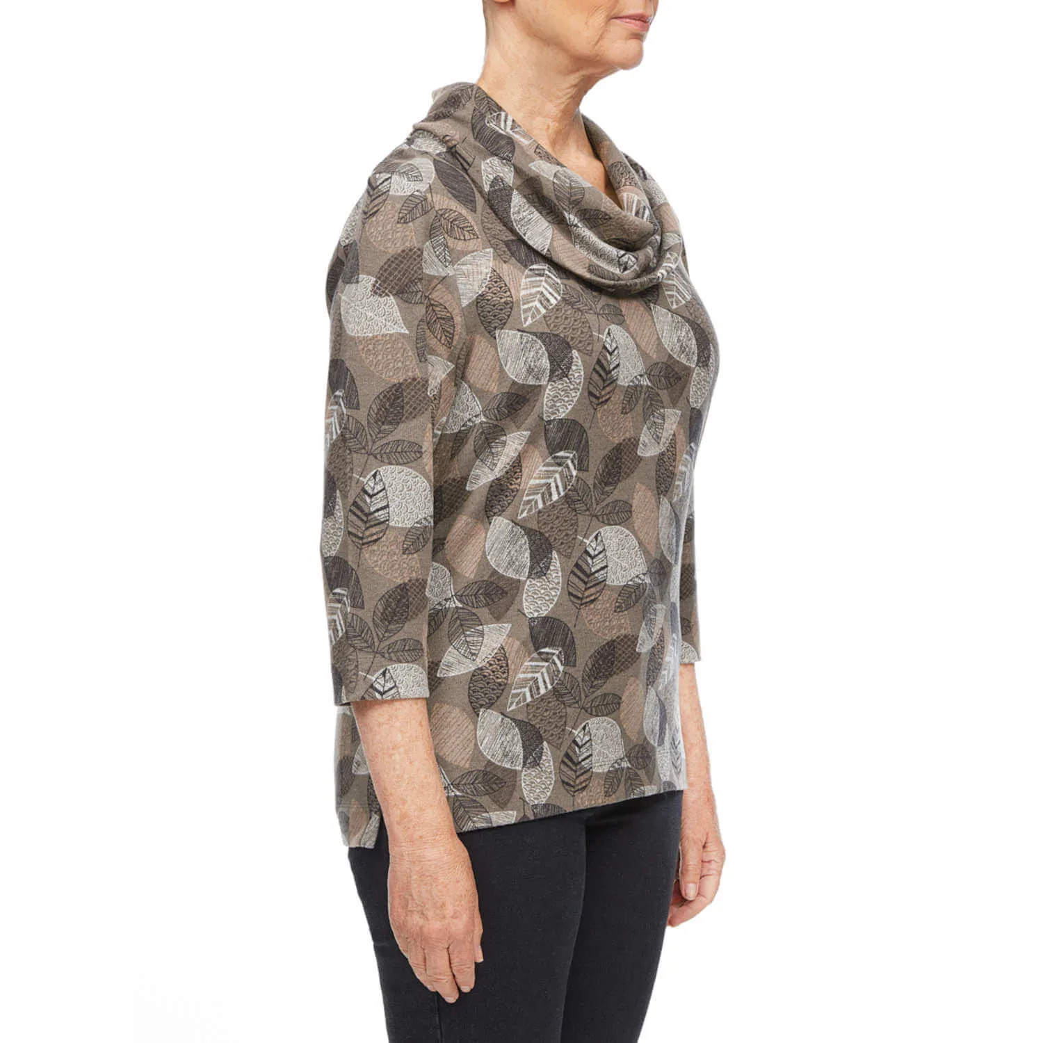 Leaf Print Cowl Neck Top- Taupe