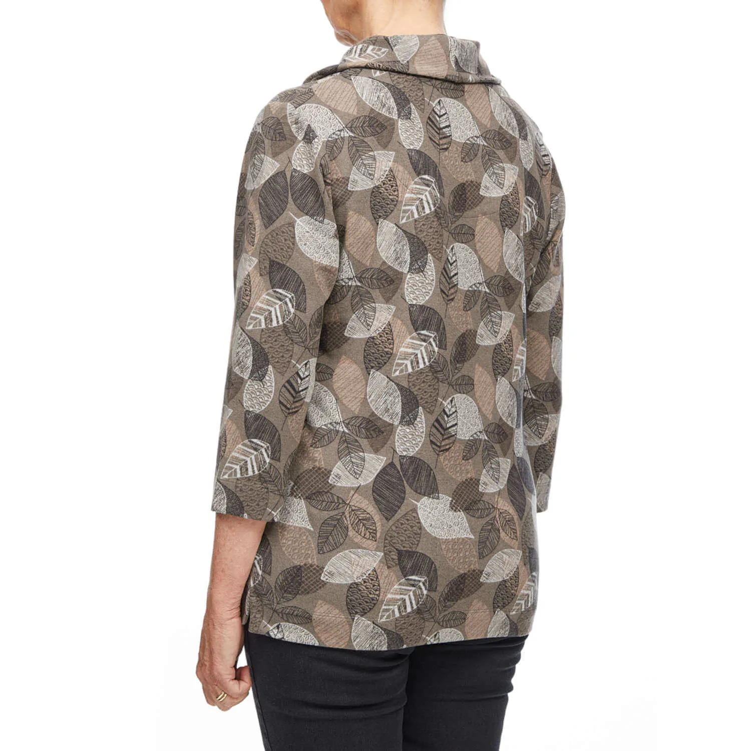 Leaf Print Cowl Neck Top- Taupe