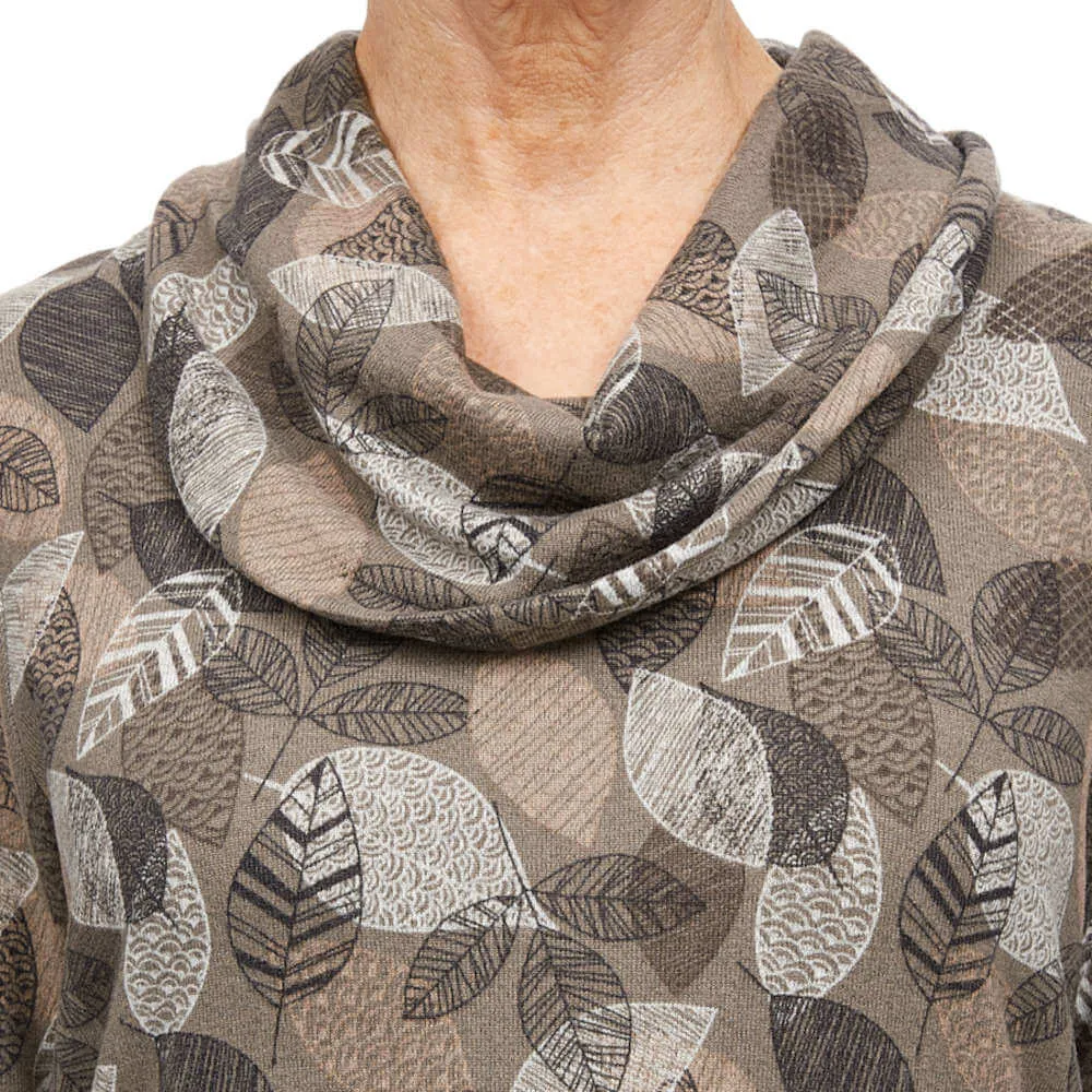 Leaf Print Cowl Neck Top- Taupe