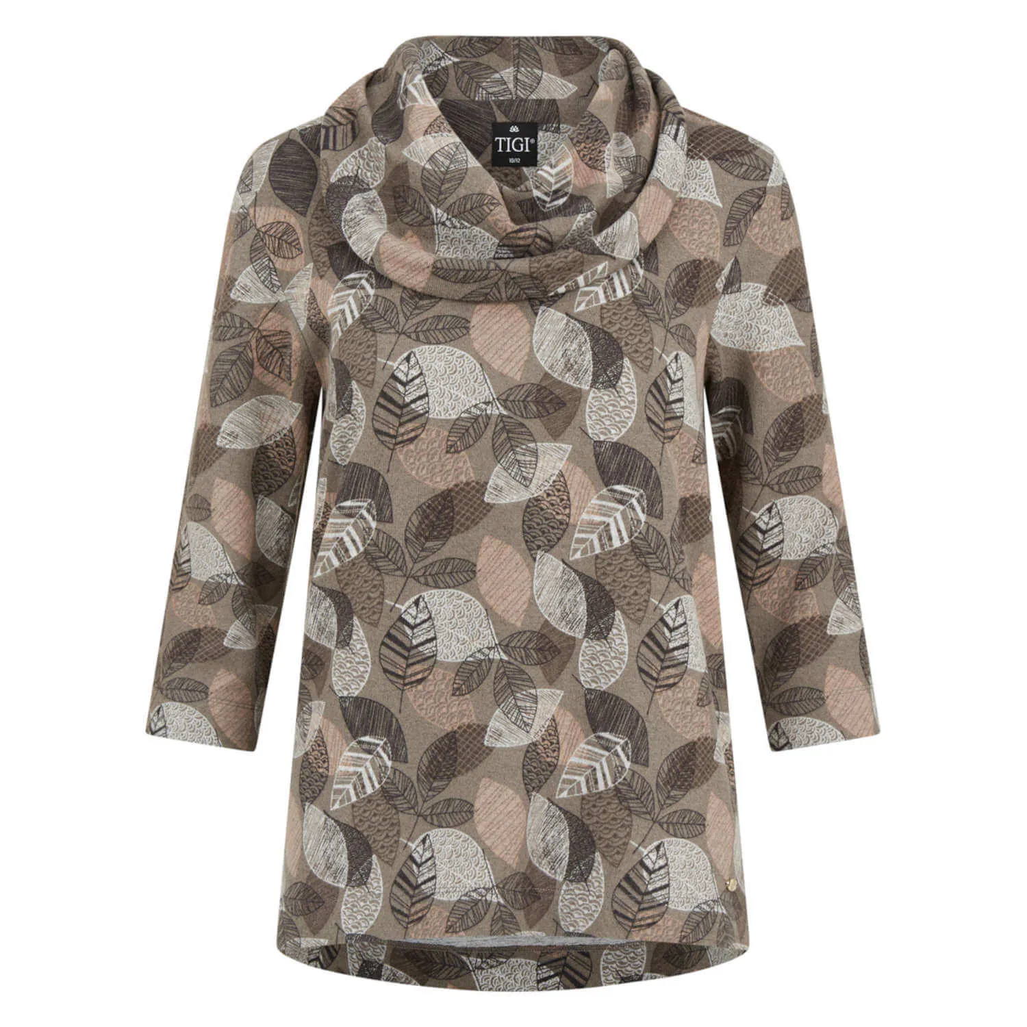 Leaf Print Cowl Neck Top- Taupe