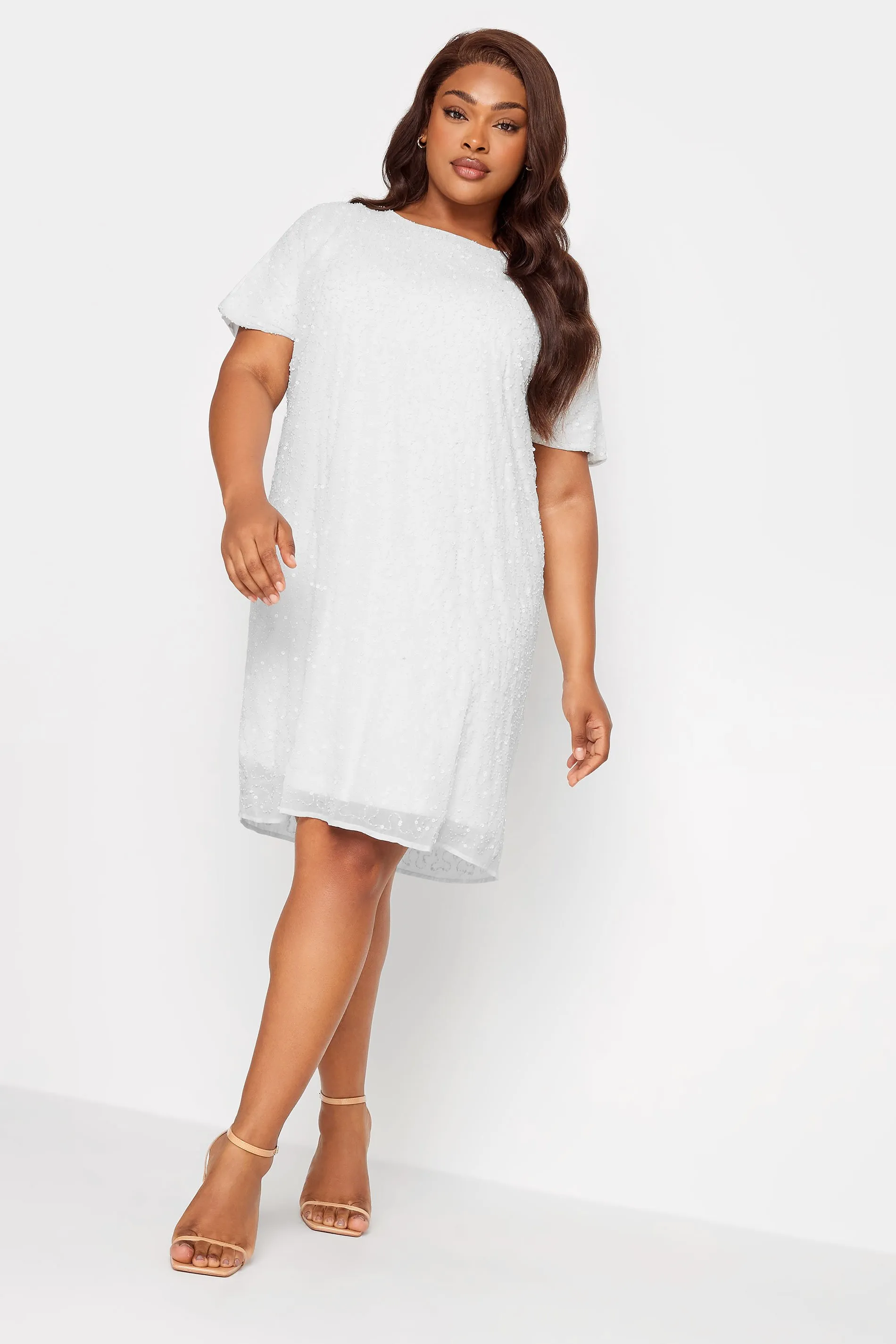 LUXE Curve White Sequin Hand Embellished Cape Dress