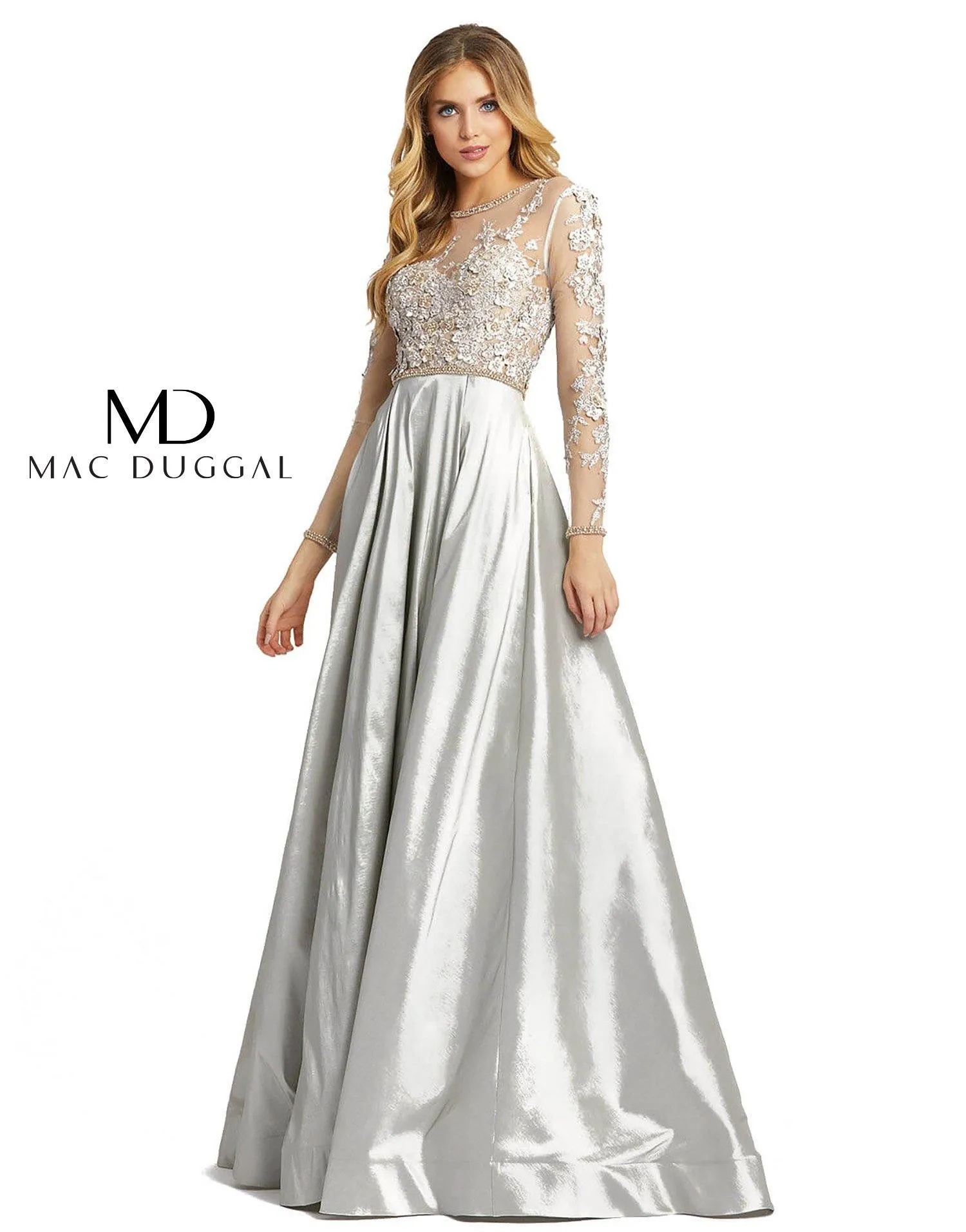 Mac Duggal Long Sleeve Floral Embroidered Dress