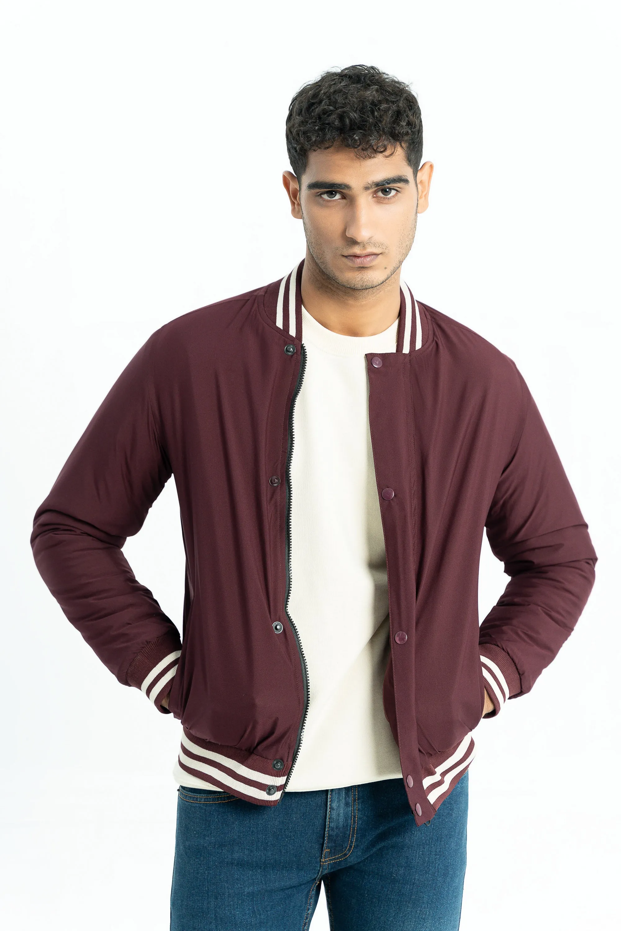 Maroon Bomber Jacket With White Stripped Collar