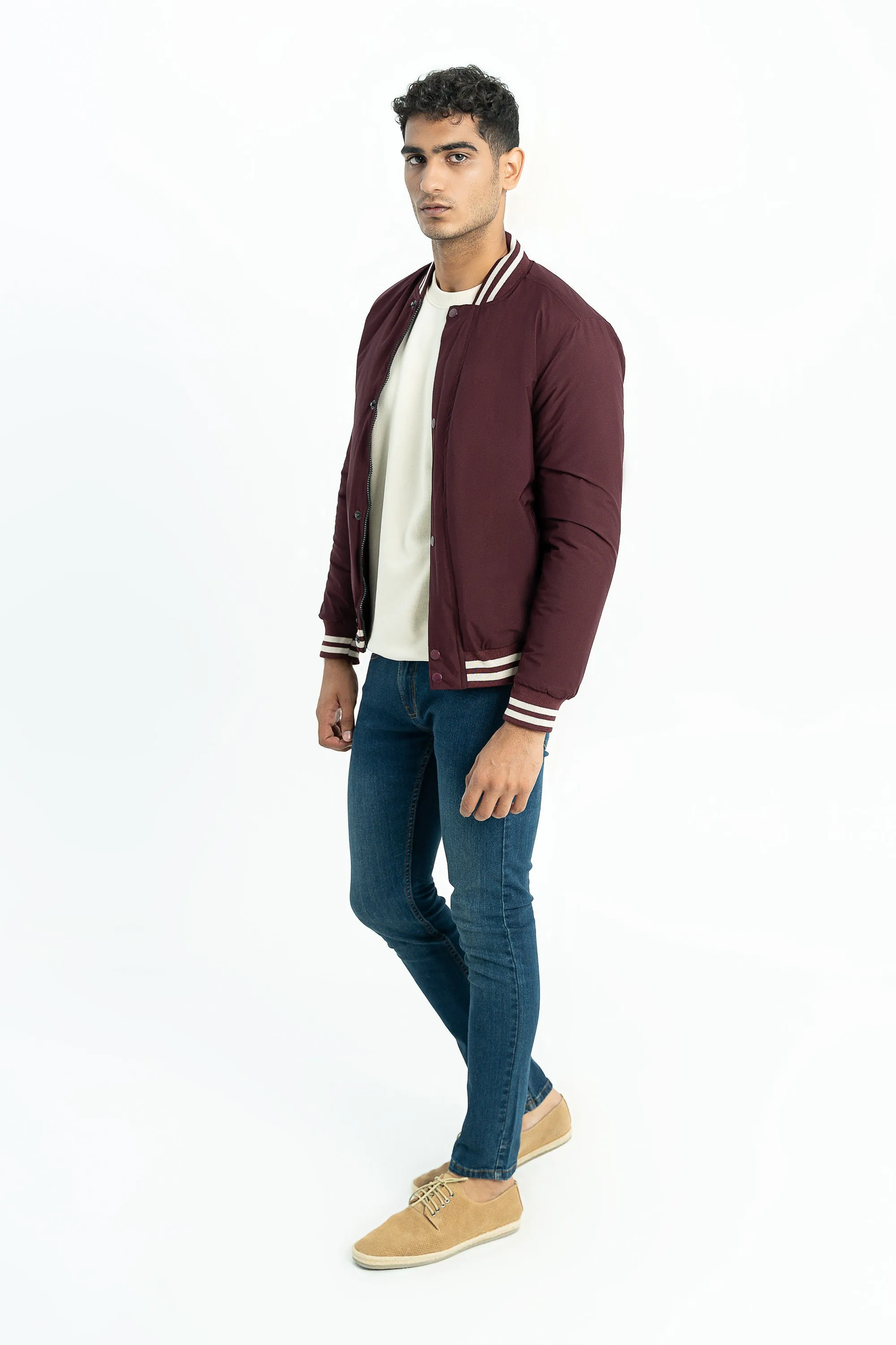 Maroon Bomber Jacket With White Stripped Collar