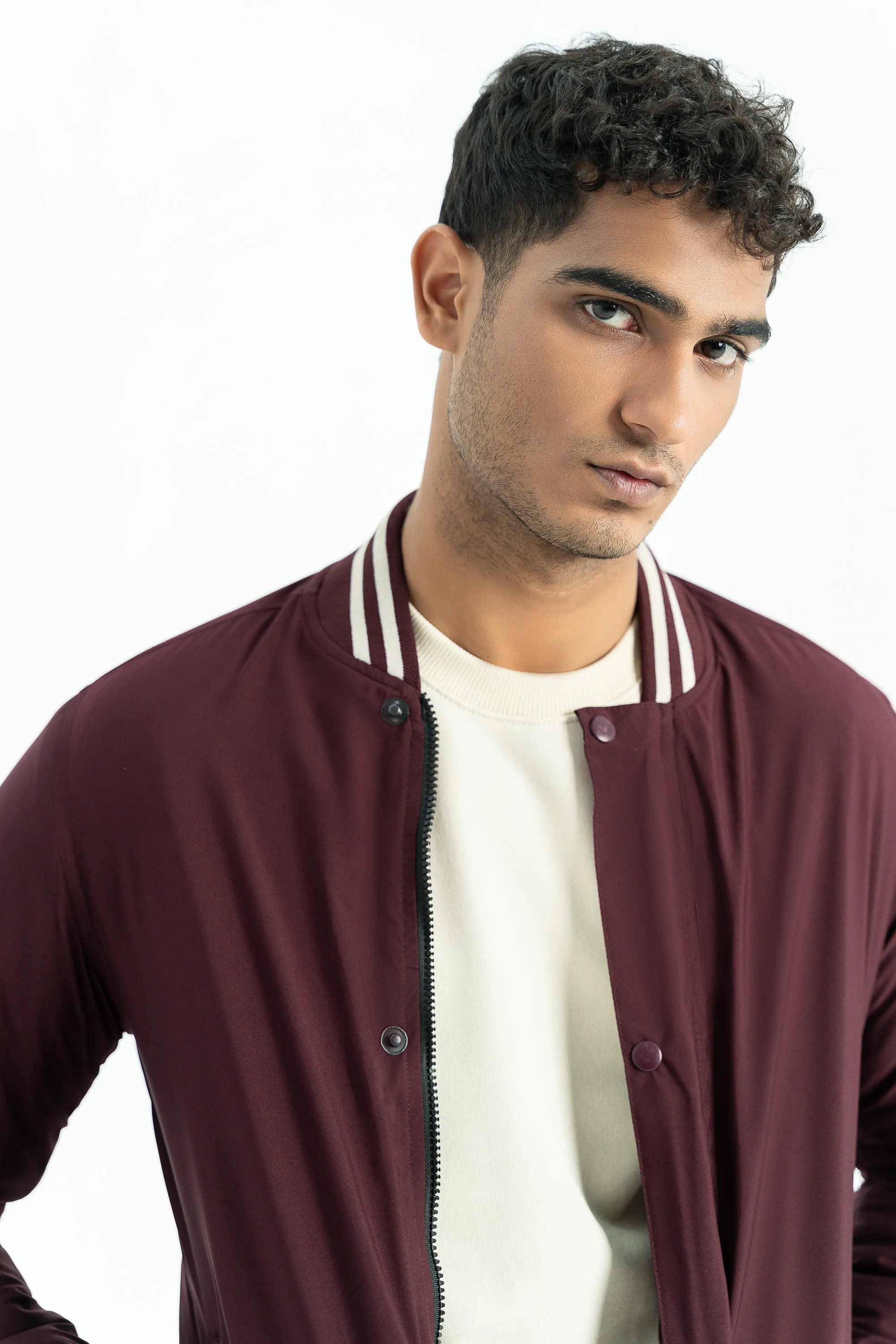 Maroon Bomber Jacket With White Stripped Collar