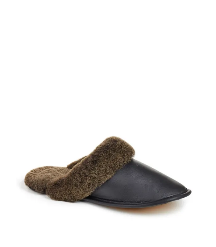 Men's Shearling Sheepskin Slip-On Slipper in Black: FurHatWorld.com