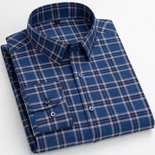 Men's Casual Cotton Standard-fit Plaid Striped Long Sleeve Shirts