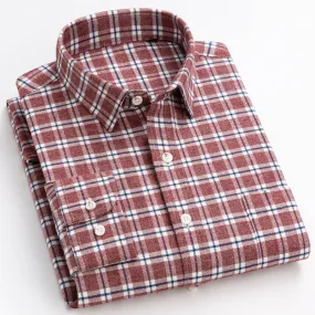 Men's Cotton Casual Standard-fit Plaid Striped Long Sleeve Shirt