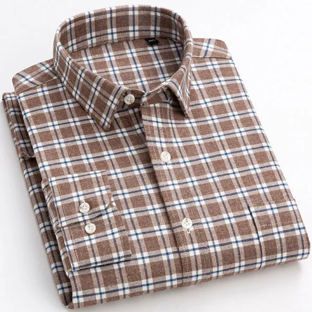 Men's Cotton Long Sleeve Plaid Striped Standard-fit Casual Shirt