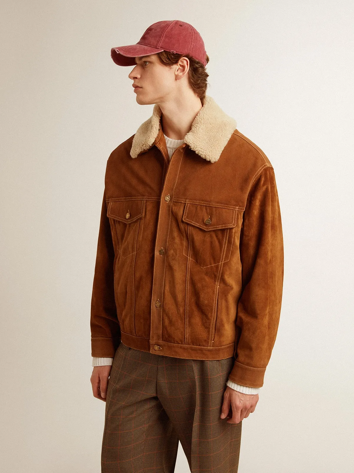 Men's jacket in tobacco-colored split leather with a shearling collar