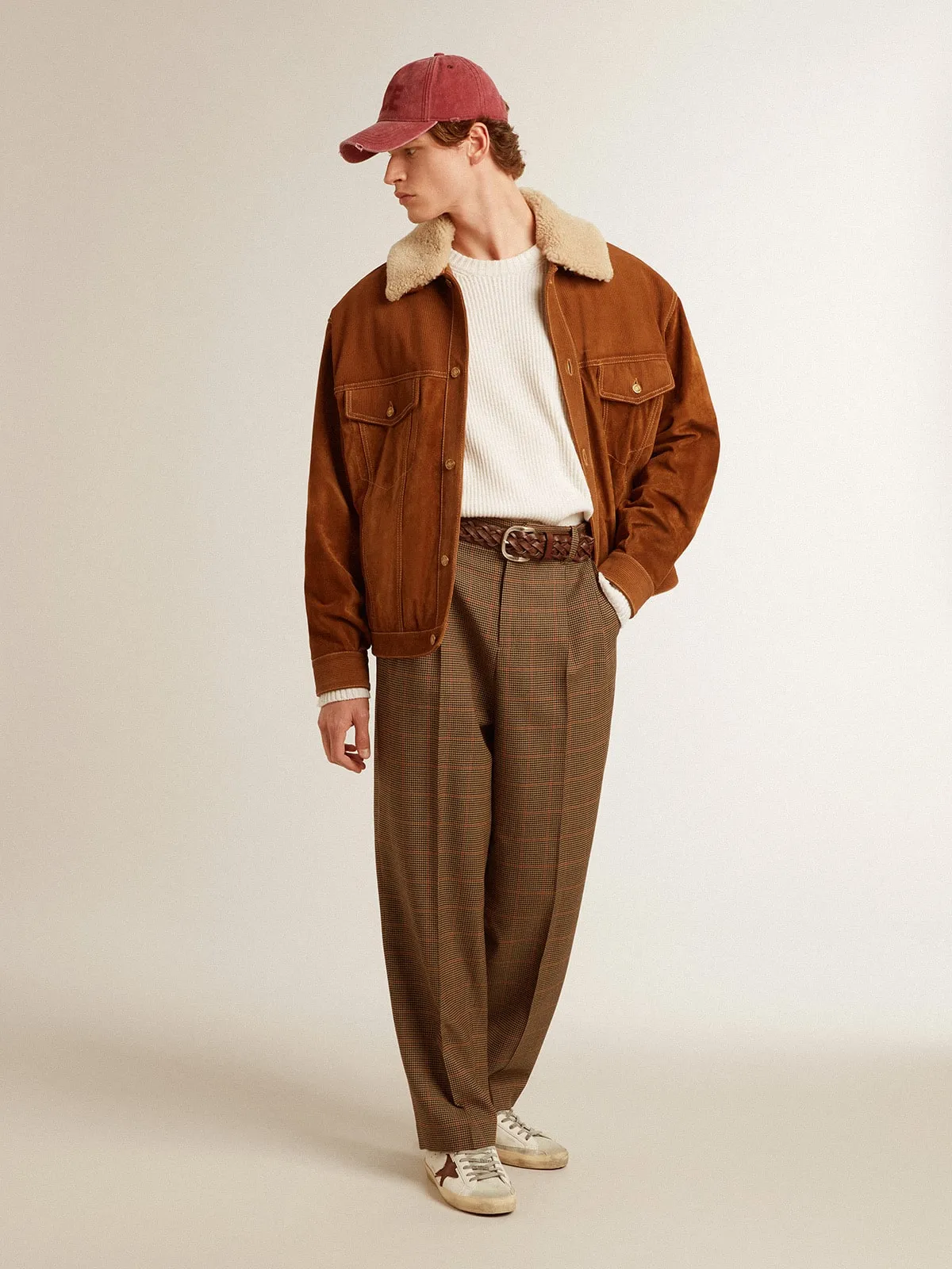 Men's jacket in tobacco-colored split leather with a shearling collar