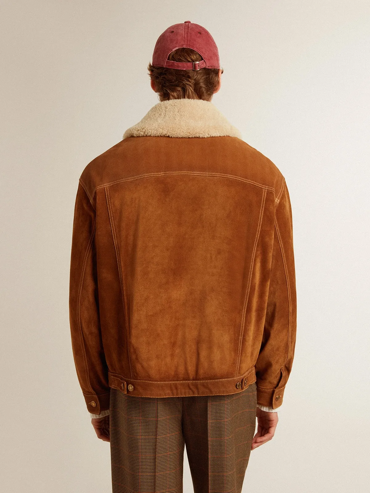 Men's jacket in tobacco-colored split leather with a shearling collar