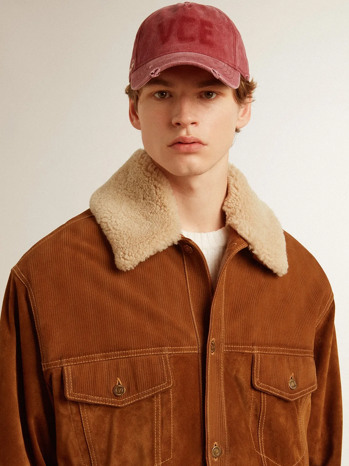 Men's jacket in tobacco-colored split leather with a shearling collar