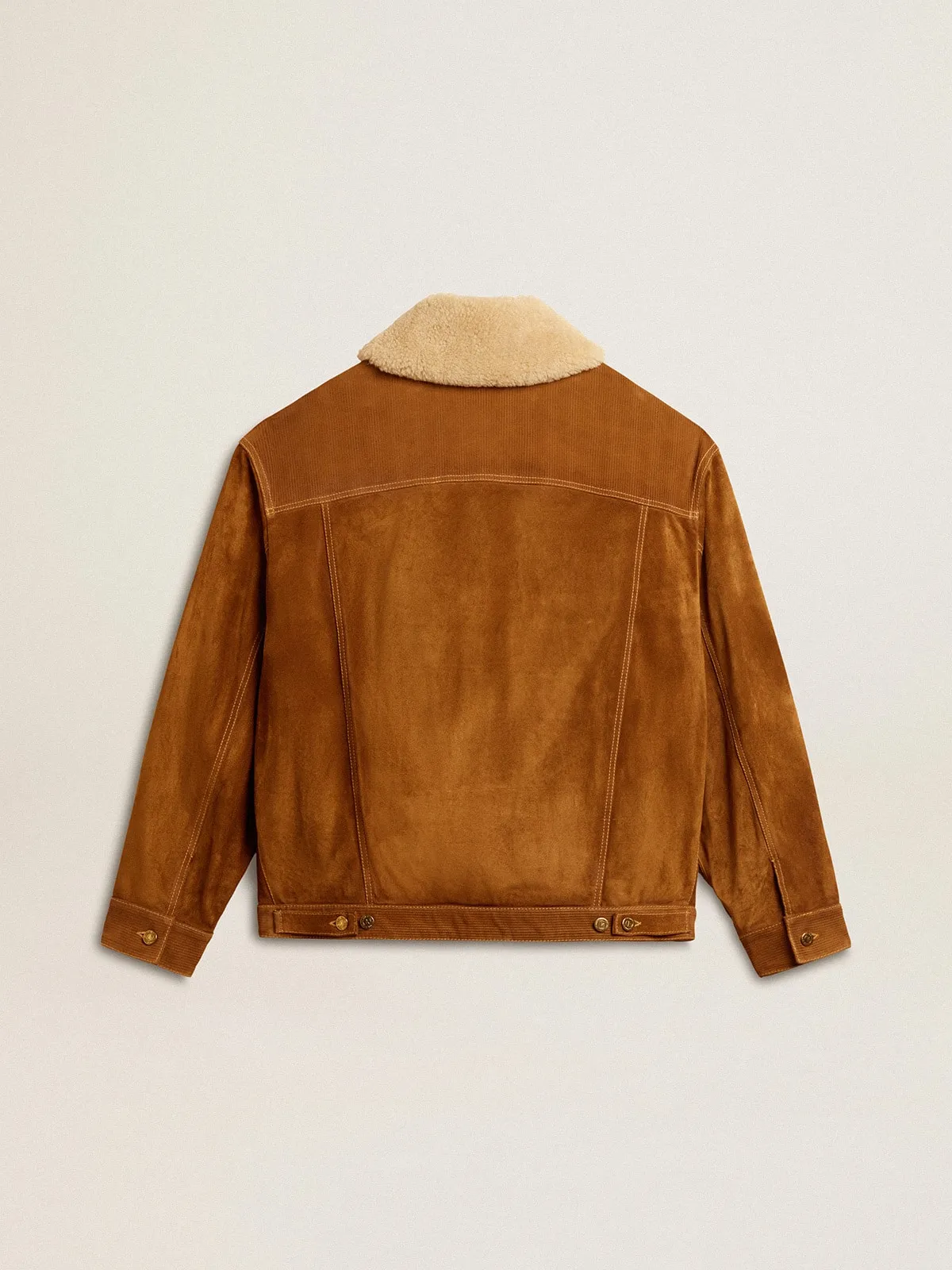 Men's jacket in tobacco-colored split leather with a shearling collar