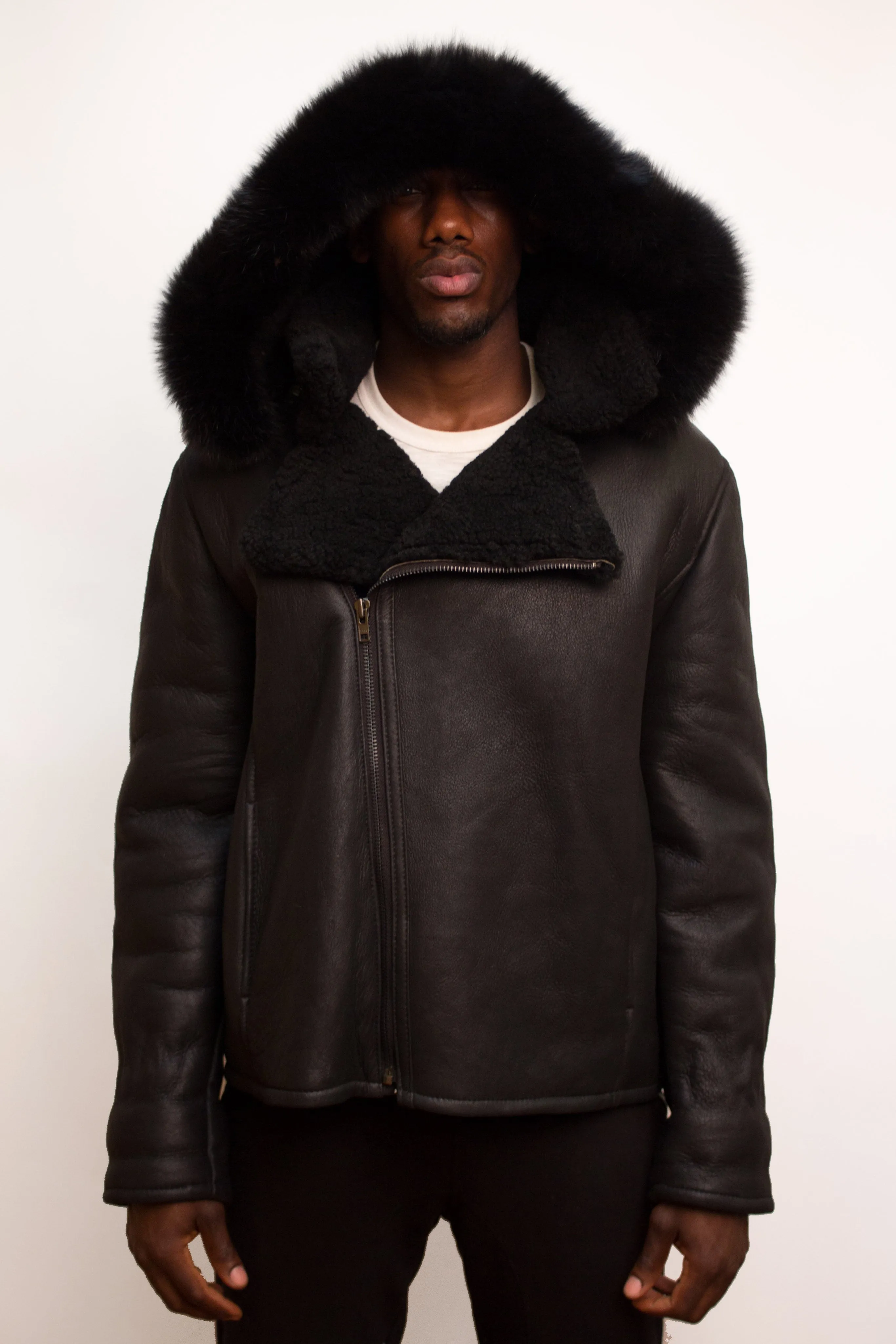 Men's Shearling Winter Jacket with Hood Fur Black Style #900H