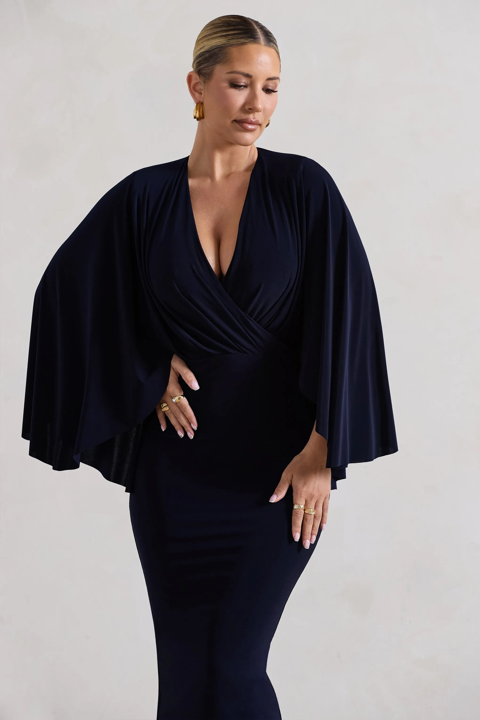 Mishka | Navy Plunge-Neck Cape Midi Dress