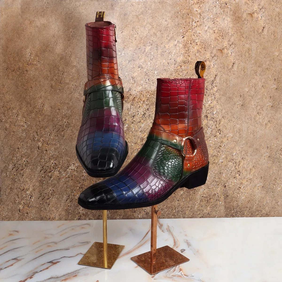 Multi-Colored Cuban Heel Boots in Croco Textured Leather with Stylish Strap