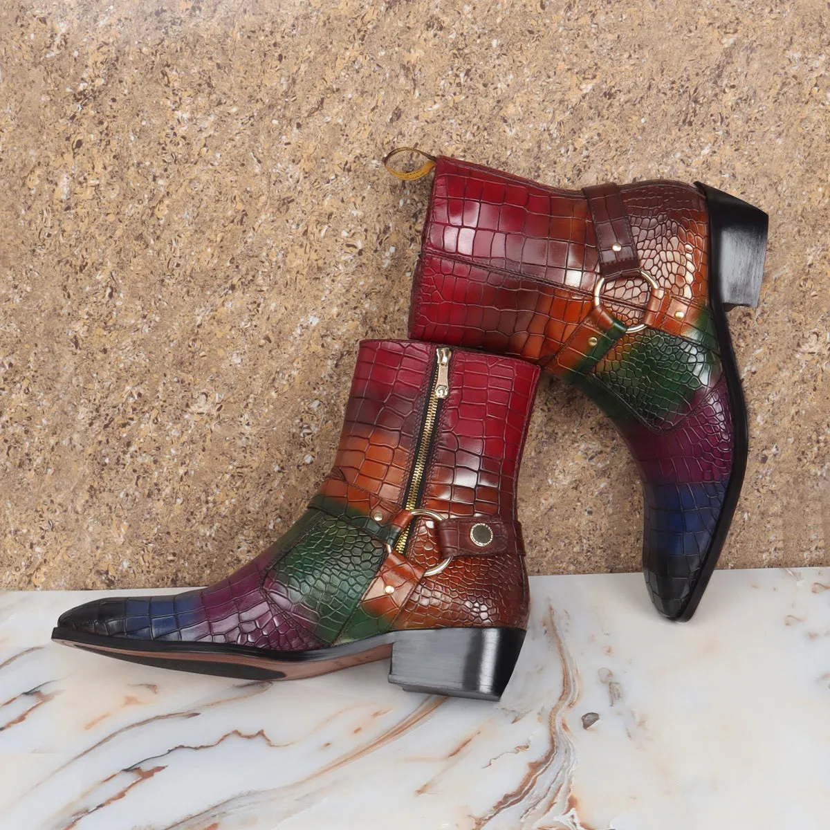 Multi-Colored Cuban Heel Boots in Croco Textured Leather with Stylish Strap