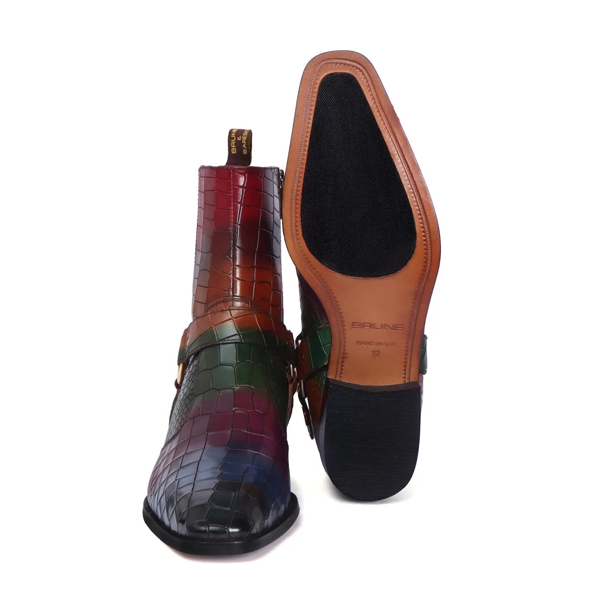 Multi-Colored Cuban Heel Boots in Croco Textured Leather with Stylish Strap