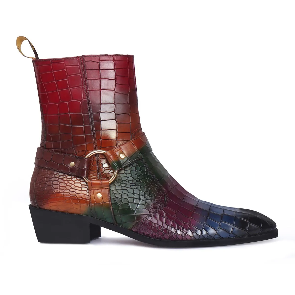 Multi-Colored Cuban Heel Boots in Croco Textured Leather with Stylish Strap