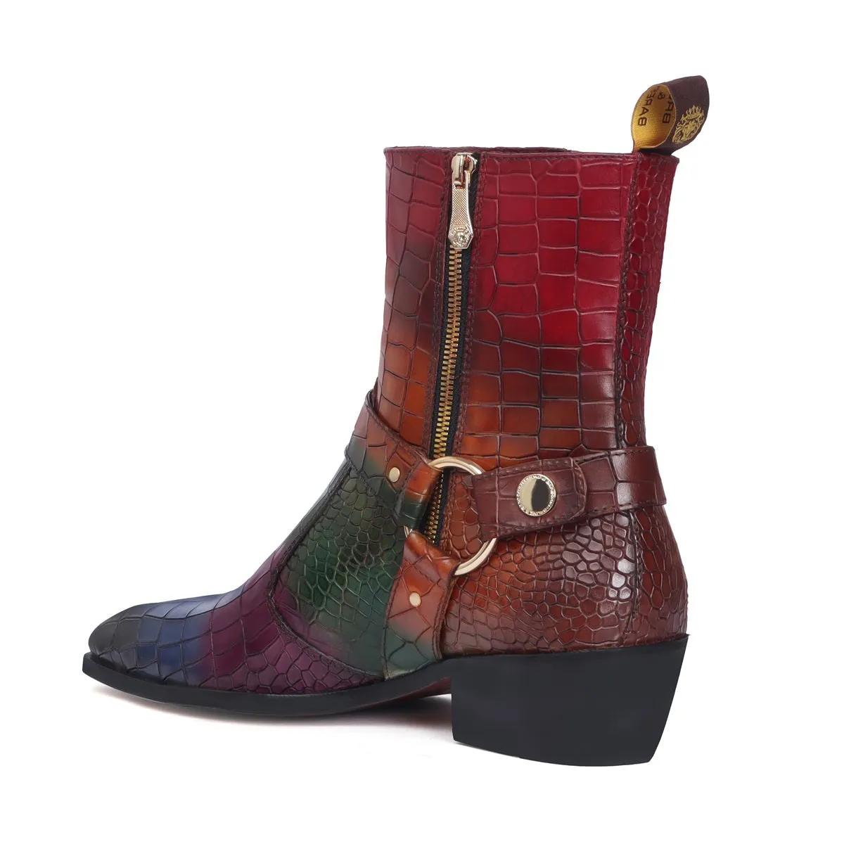 Multi-Colored Cuban Heel Boots in Croco Textured Leather with Stylish Strap