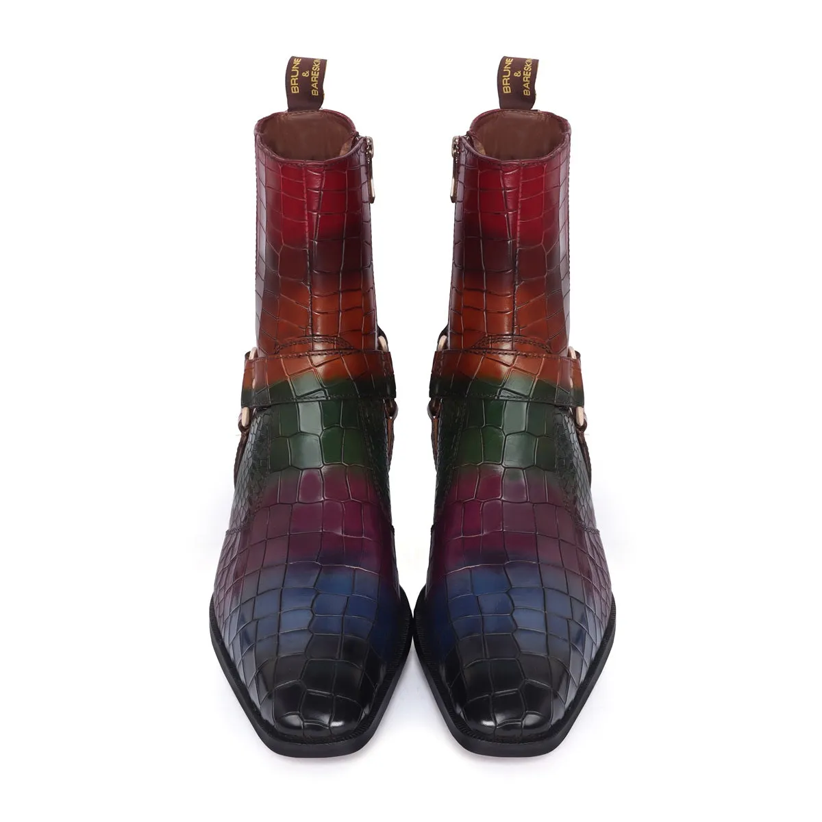 Multi-Colored Cuban Heel Boots in Croco Textured Leather with Stylish Strap