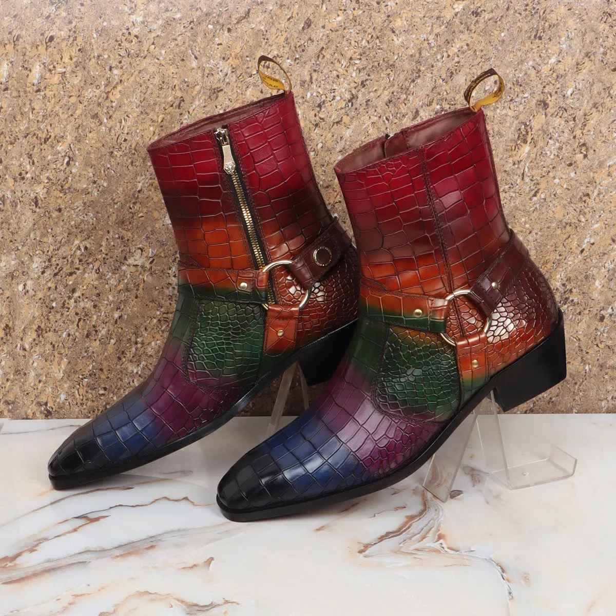 Multi-Colored Cuban Heel Boots in Croco Textured Leather with Stylish Strap