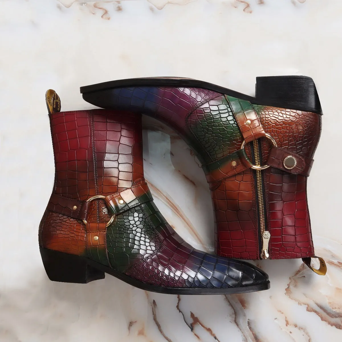 Multi-Colored Cuban Heel Boots in Croco Textured Leather with Stylish Strap