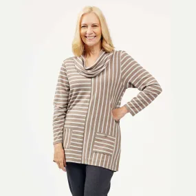 Multi-Striped Cowl Neck Tunic - Taupe