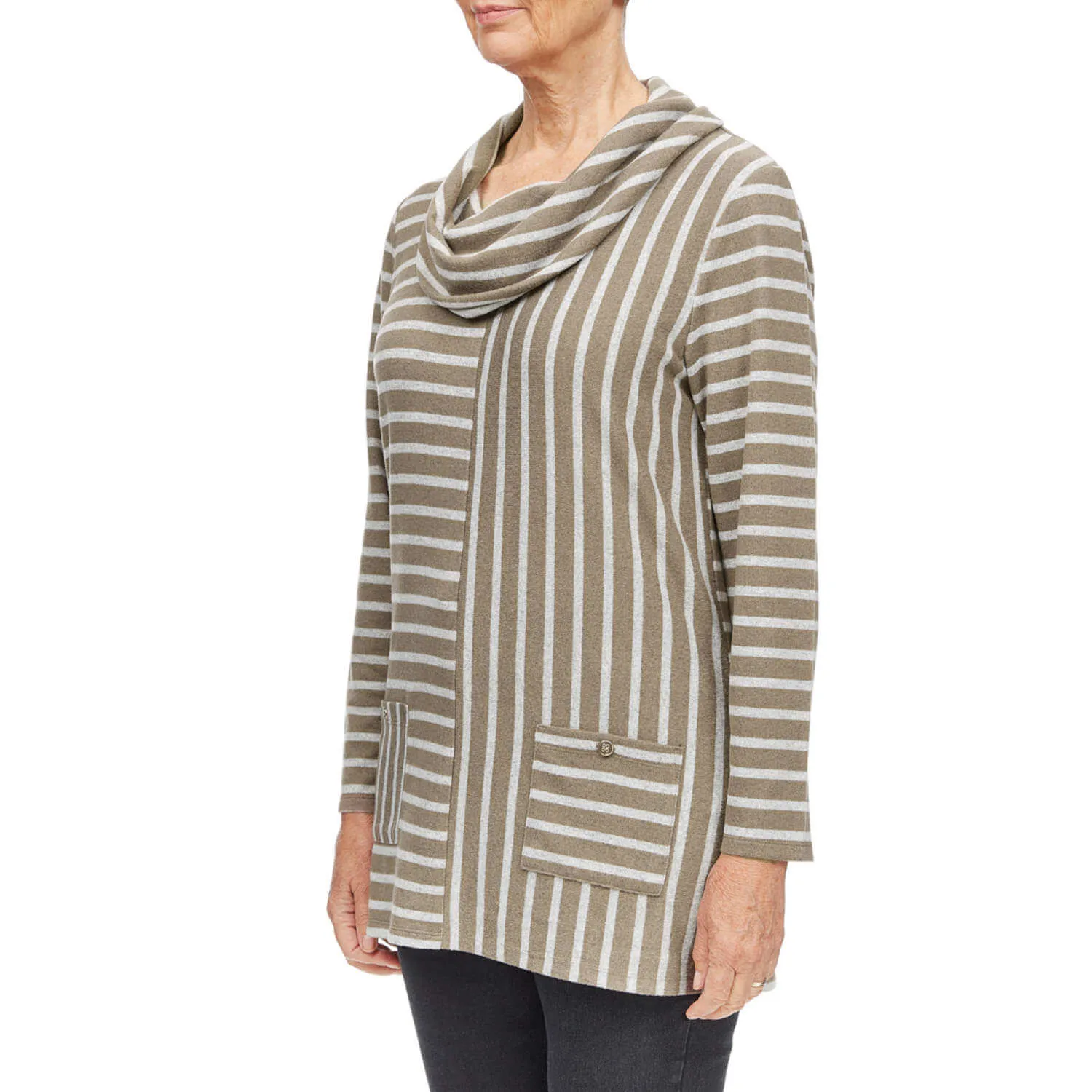 Multi-Striped Cowl Neck Tunic - Taupe