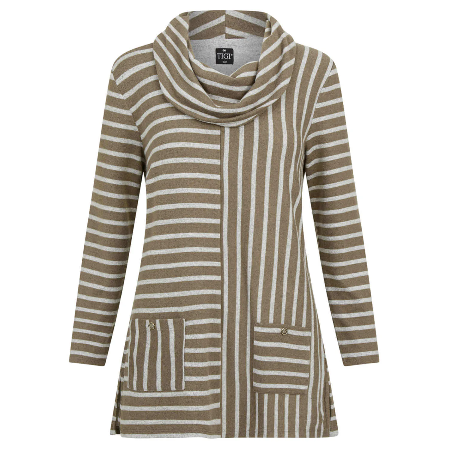 Multi-Striped Cowl Neck Tunic - Taupe