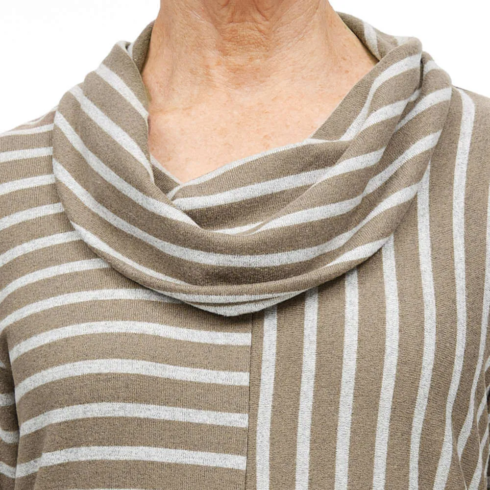 Multi-Striped Cowl Neck Tunic - Taupe