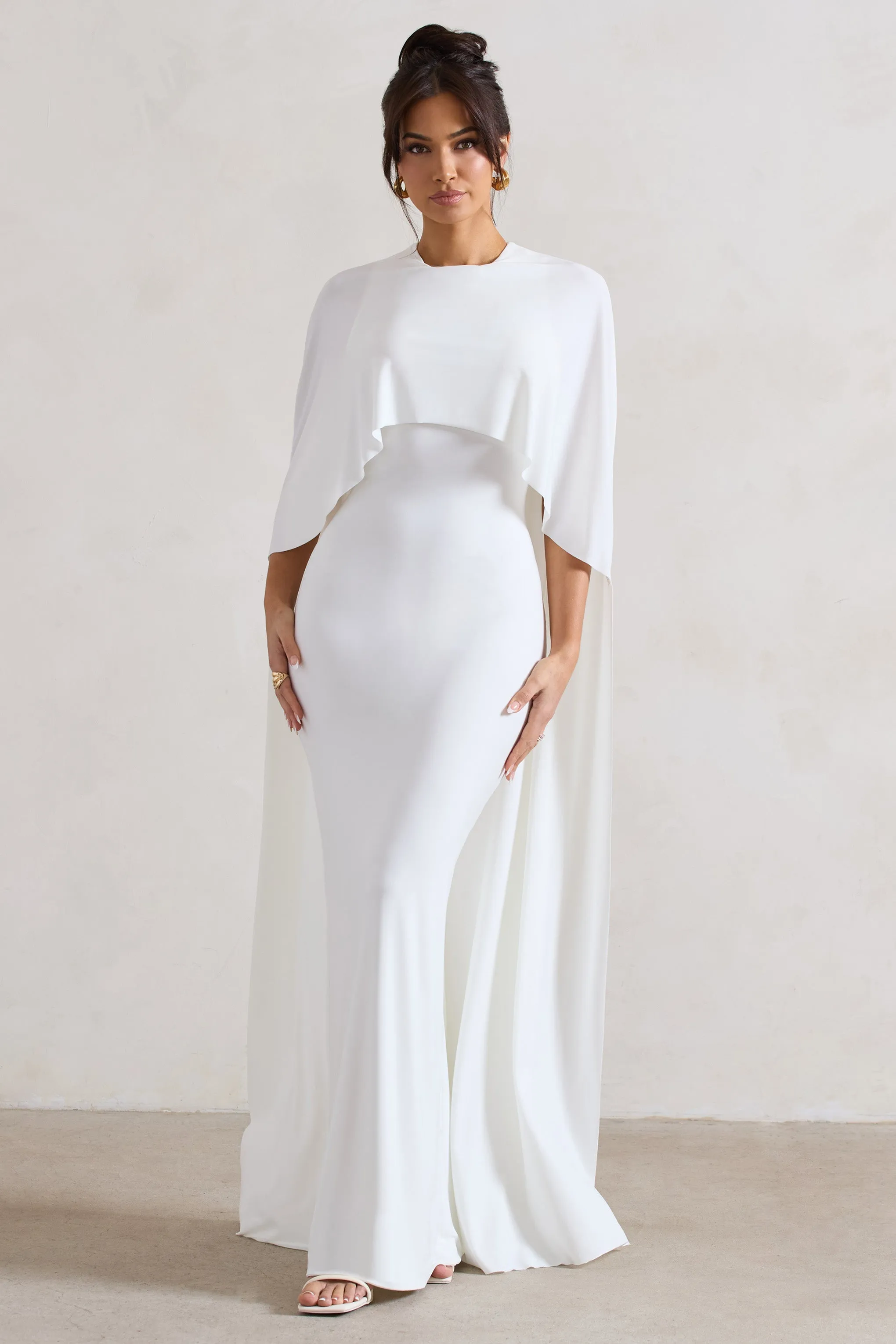 Padma | White Draped Maxi Dress With Cape Sleeves