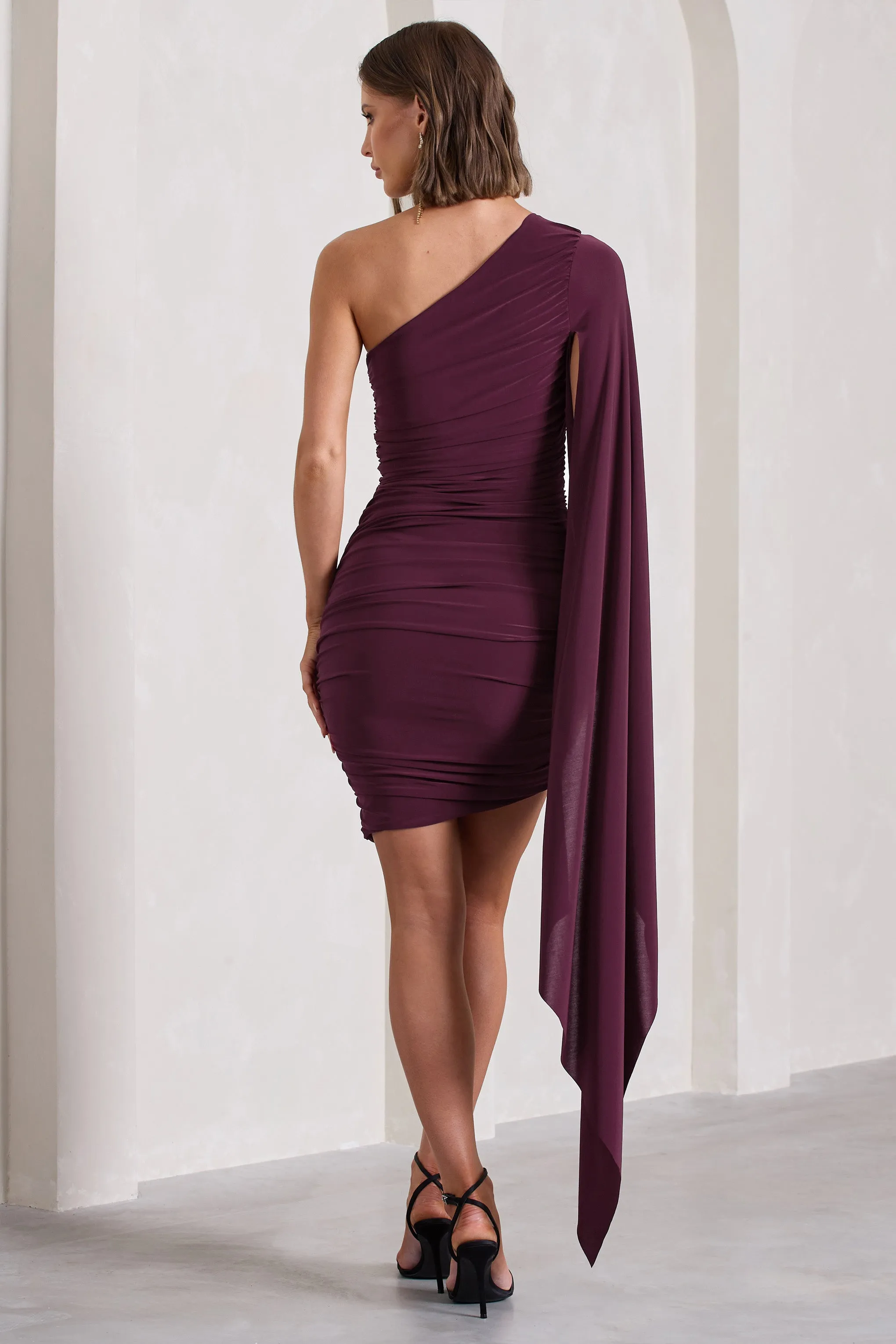 Palmer | Burgundy Ruched One-Shoulder Asymmetric Mini Dress With Cape Sleeve