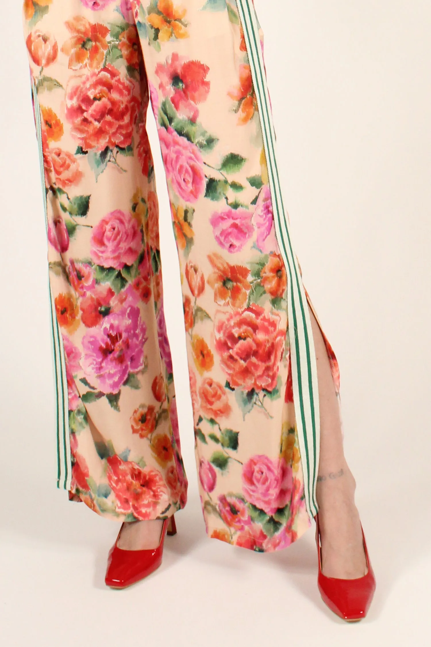 Pantaloni Stampa Fiori con Bande Laterali e Spacchi