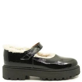 Pepe Black Patent Shearling Chunky Mary Jane