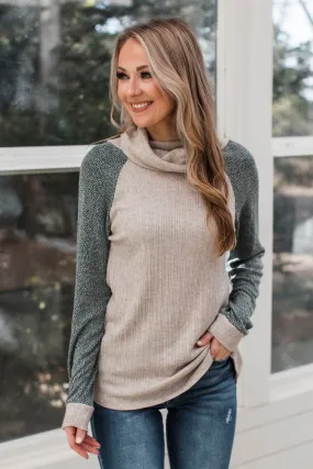 Perfectly Darling Cowl Neck Top- Oatmeal & Dark Green