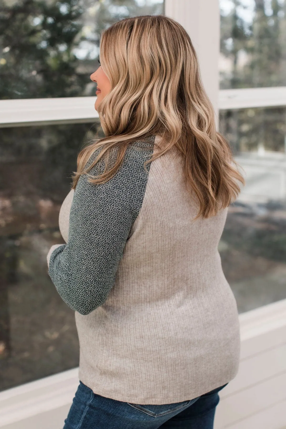 Perfectly Darling Cowl Neck Top- Oatmeal & Dark Green