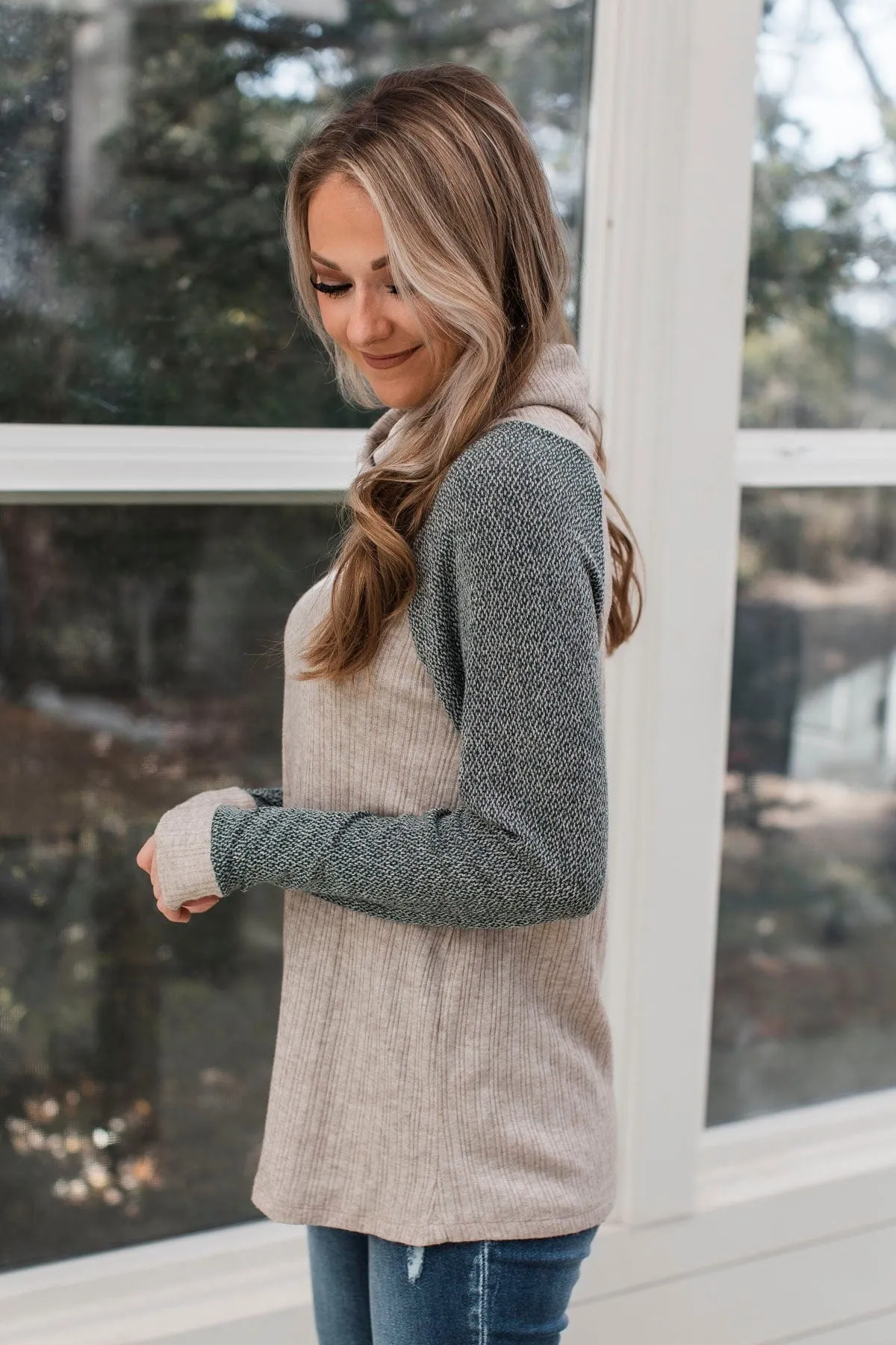 Perfectly Darling Cowl Neck Top- Oatmeal & Dark Green