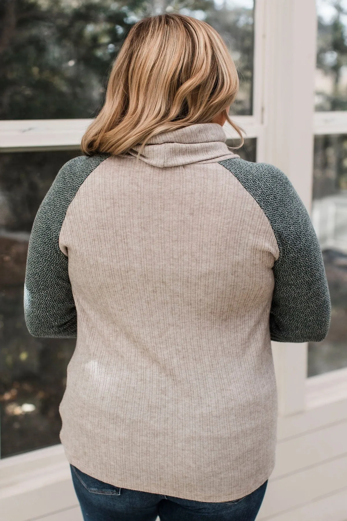 Perfectly Darling Cowl Neck Top- Oatmeal & Dark Green