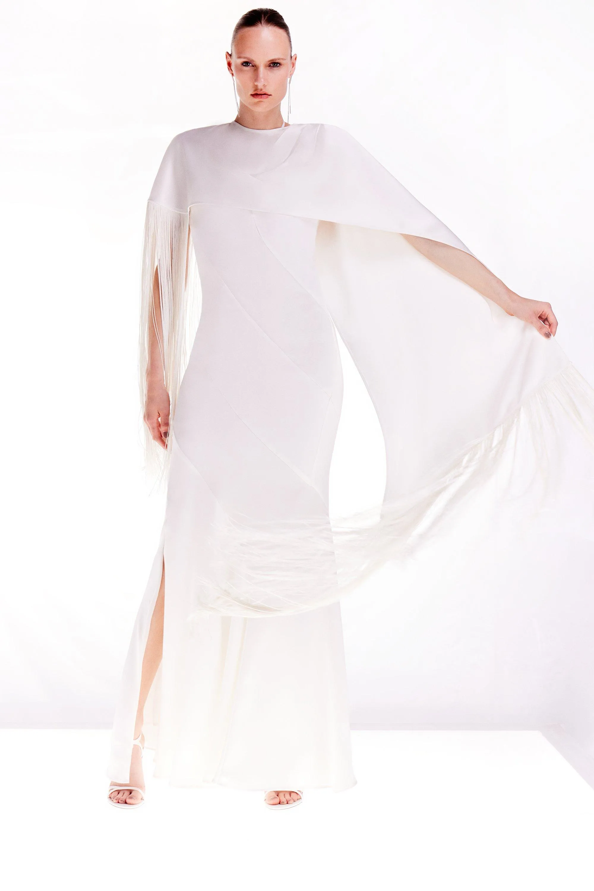 Petite Ooto Viscose Crepe And Satin Panelled Fringed Woven Maxi Dress With Detachable Cape | Karen Millen