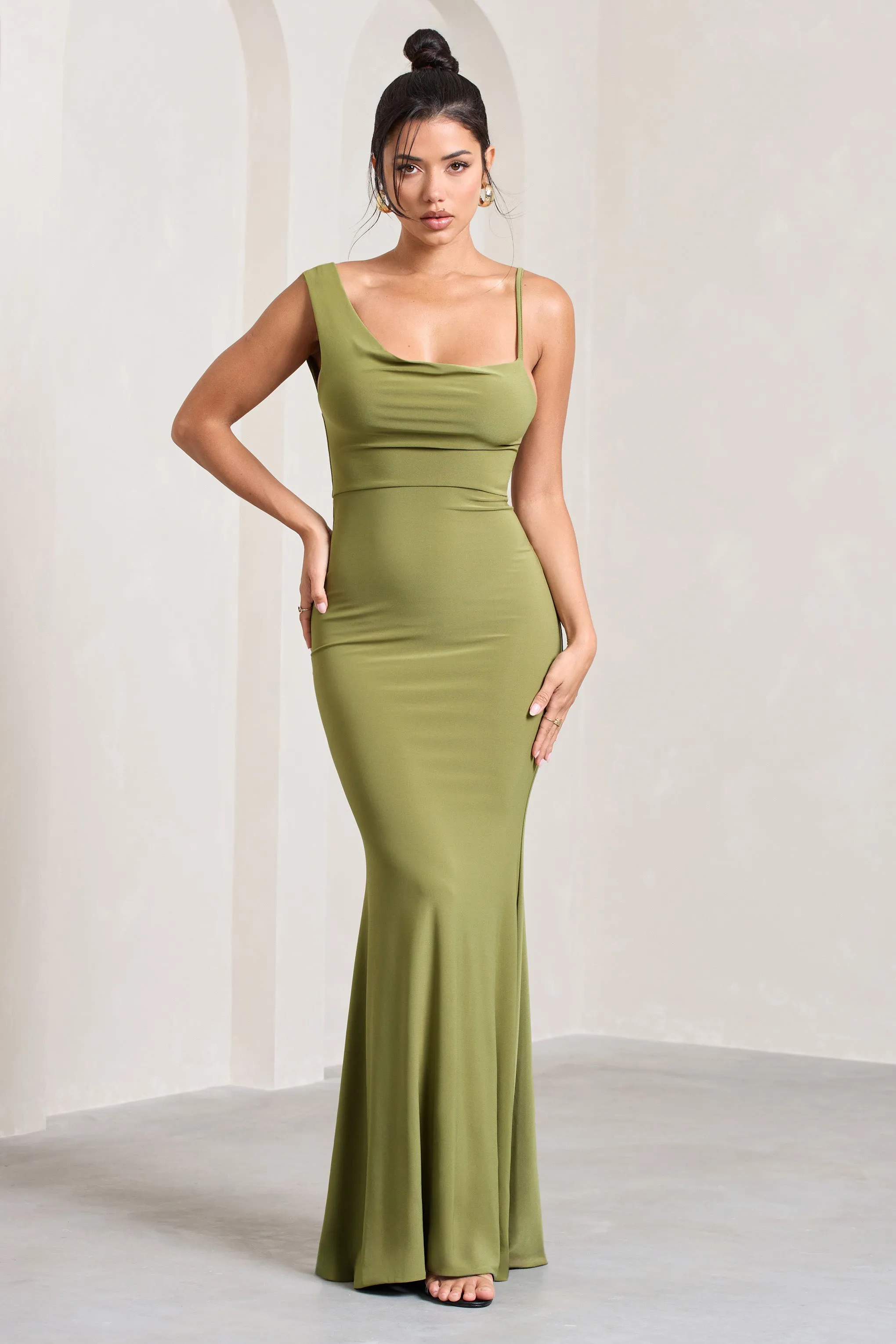 Phantasy | Olive Asymmetric Neckline Cowl Maxi Dress