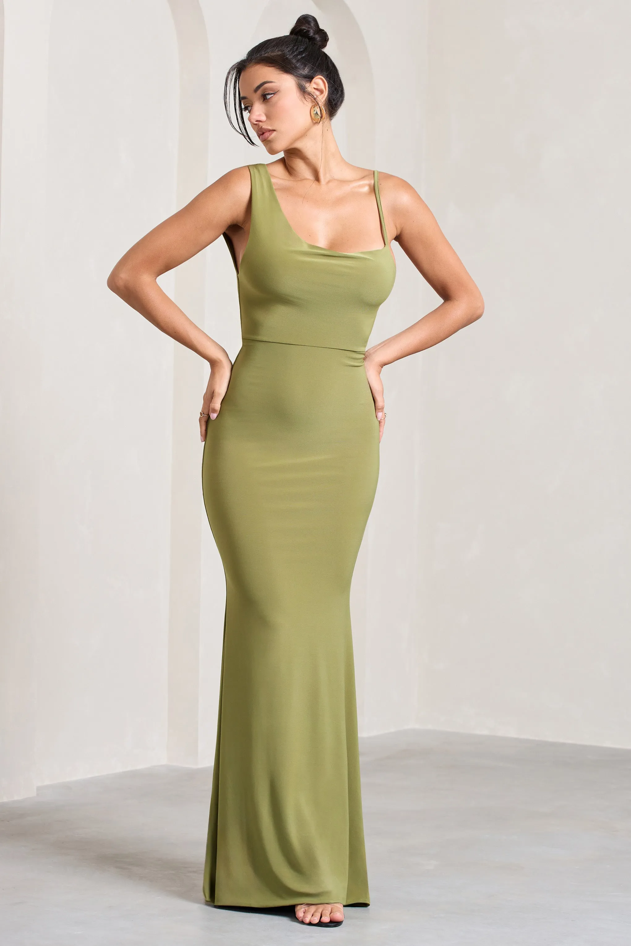 Phantasy | Olive Asymmetric Neckline Cowl Maxi Dress