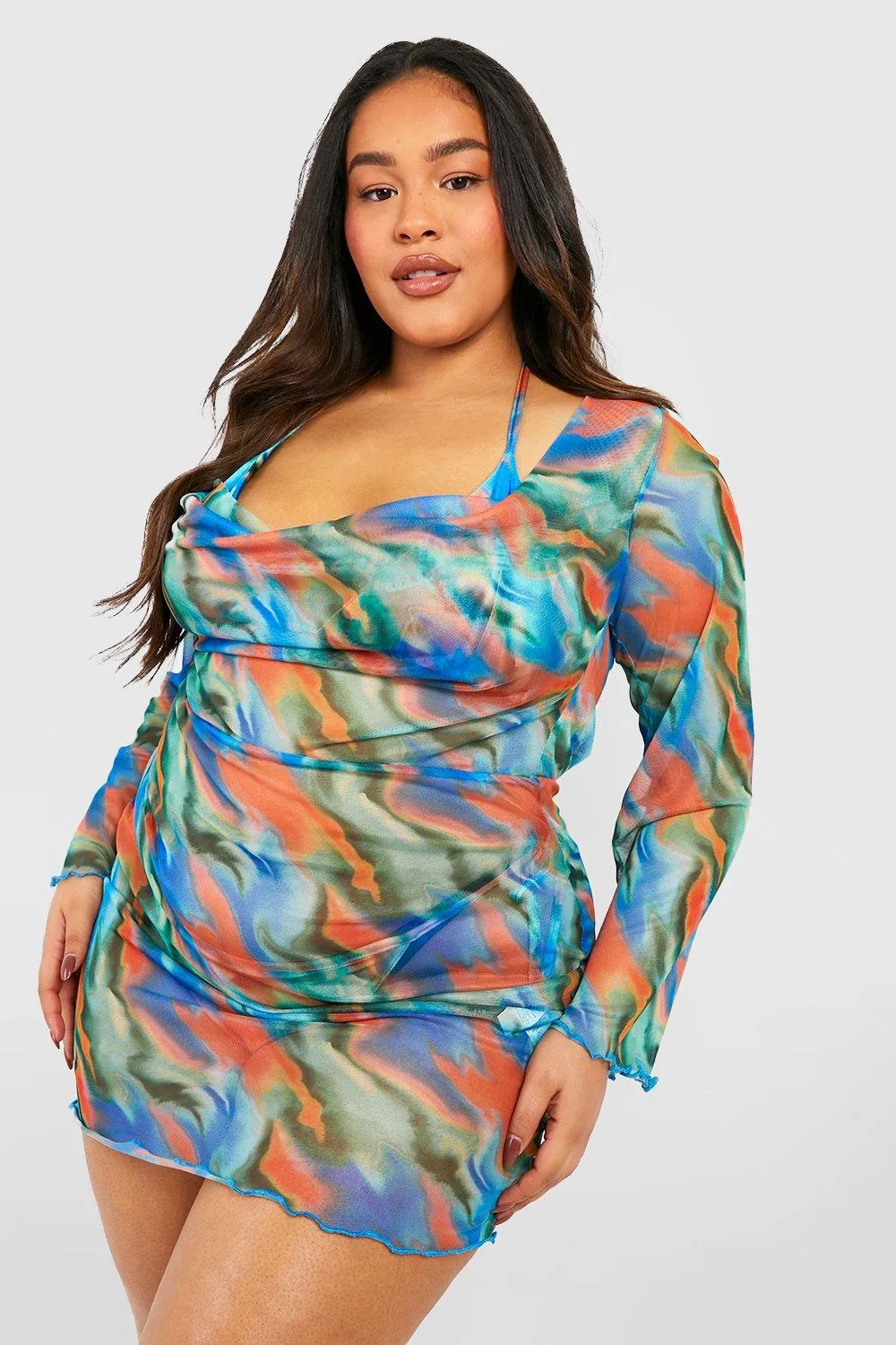 Plus Abstract Cowl Neck Mesh Beach Dress