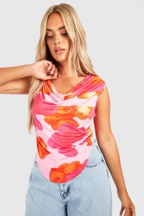 Plus Floral Cowl Dipped Hem Top